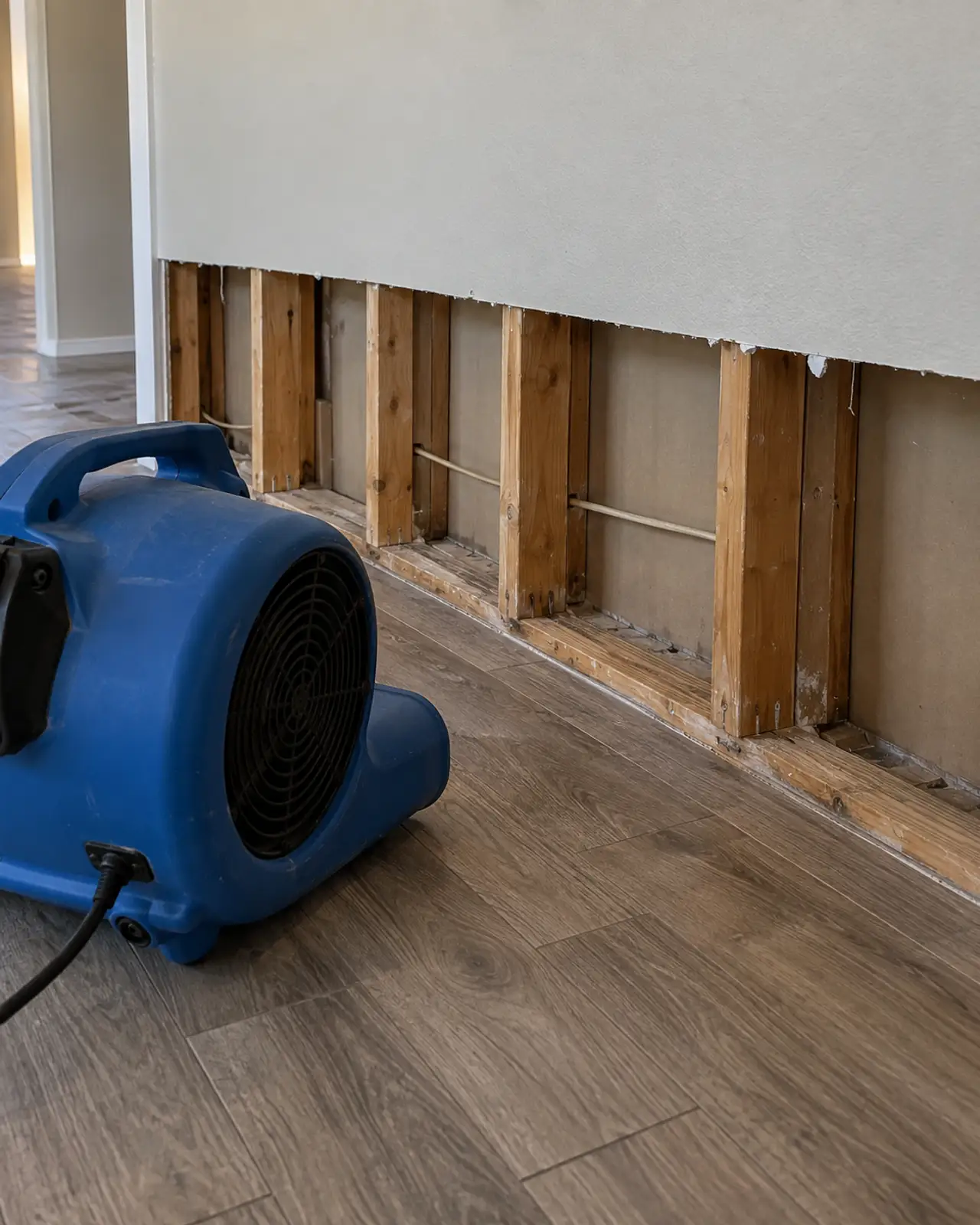Drywall cut back above the floor to let the wall cavity dry