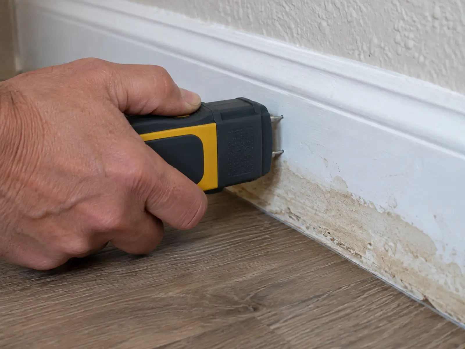 Moisture meter held against a baseboard