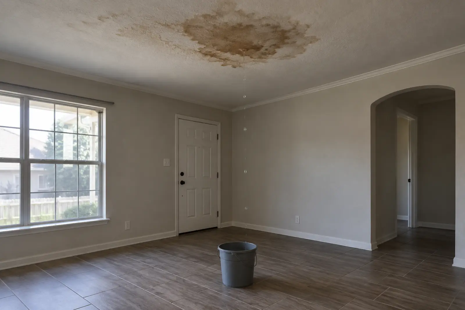 Water-stained ceiling dripping into a bucket