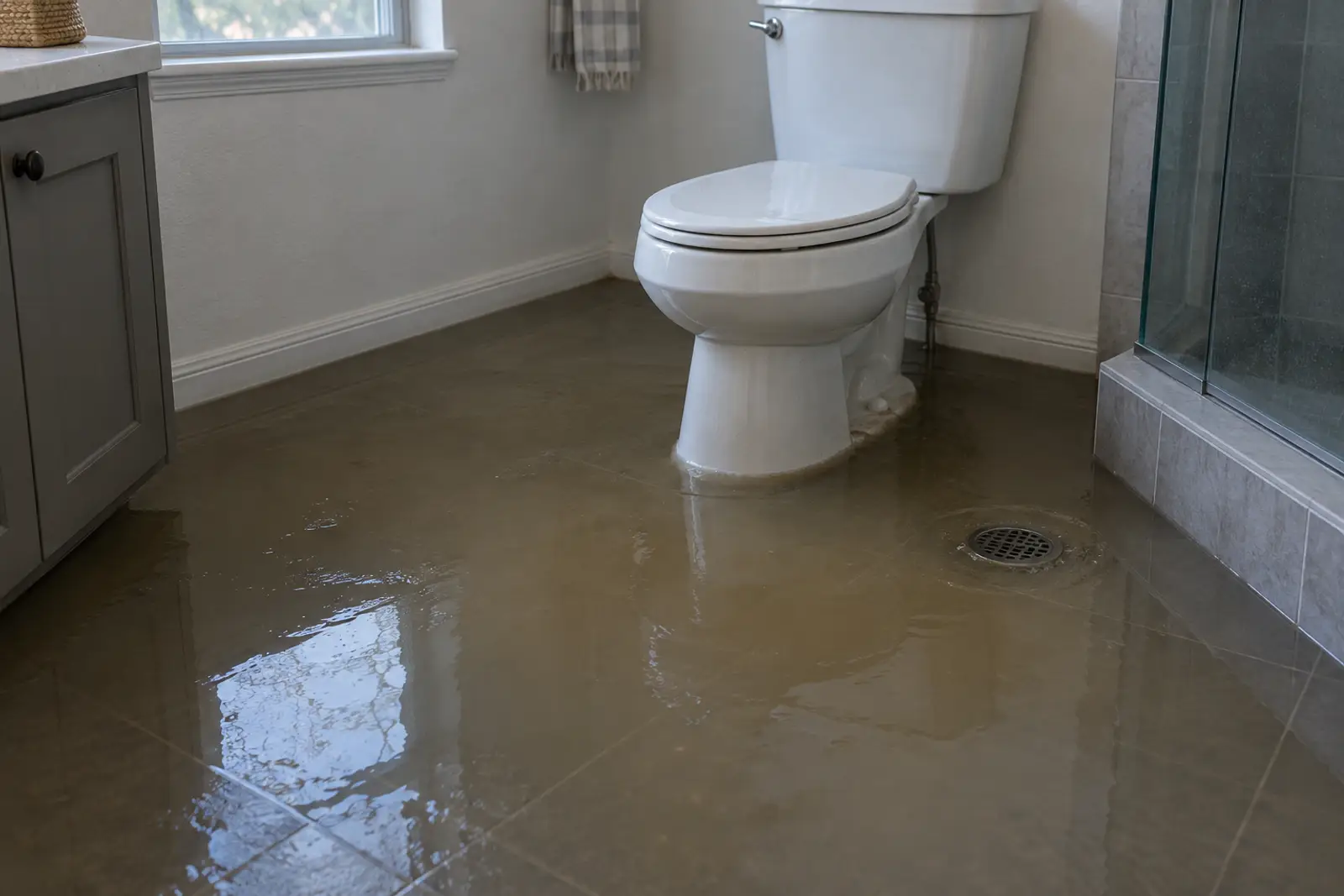Murky water spread across a bathroom floor around the toilet