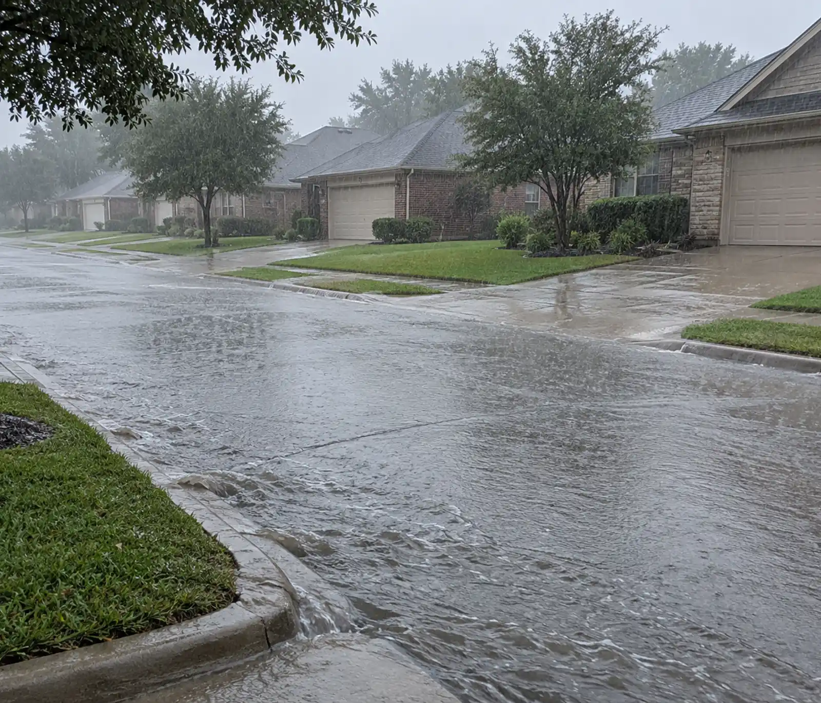 Rainwater running down a residential street and across driveways